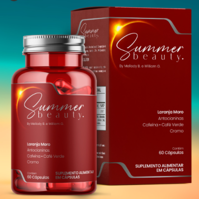 Frasco e caixa vermelha de suplemento alimentar Summer Beauty com 60 cápsulas