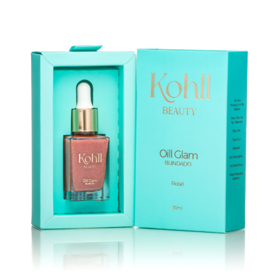 Frasco com conta-gotas e caixa azul turquesa do óleo Kohll Beauty Oil Glam