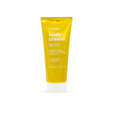Tubo amarelo de creme corporal wepink body cream com texto branco e laranja