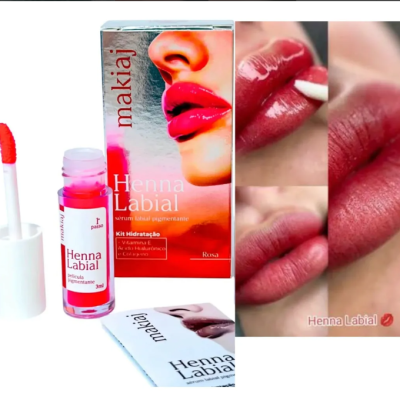 Kit Henna Labial Makiá com frasco rosa, aplicador e embalagem com imagem de lábios