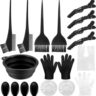 Conjunto para coloração de cabelo com pincéis, escovas, prendedores, tigela, luvas e toucas.