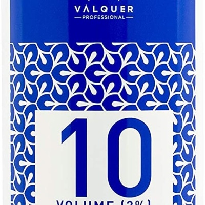 Frasco branco com rótulo azul do creme oxidante Valquer Professional 10 Volume