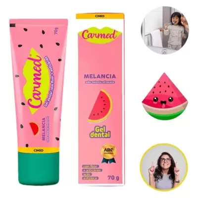Gel dental Carmed sabor melancia com embalagem rosa, fita azul e verde, peso 70g e imagens de crianças e mulher feliz