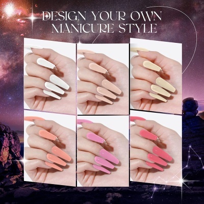 Unhas postiças em seis cores diferentes com fundo espacial e texto promocional