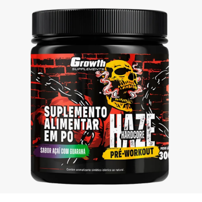 Frasco preto de suplemento alimentar em pó com rótulo preto e vermelho e imagem de caveira