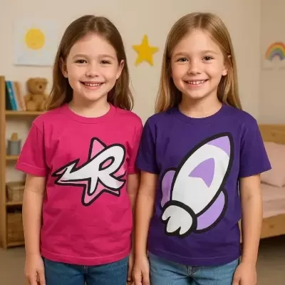 Duas crianças com t-shirts coloridas e desenhos estampados em quarto infantil com decoração colorida.