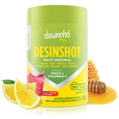 Embalagem verde de suplemento Desinshot Shot Matinal com limões e mel