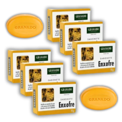 Seis sabonetes laranjas ovais da marca GRANADO e quatro embalagens de sabonete Enxofre 110g