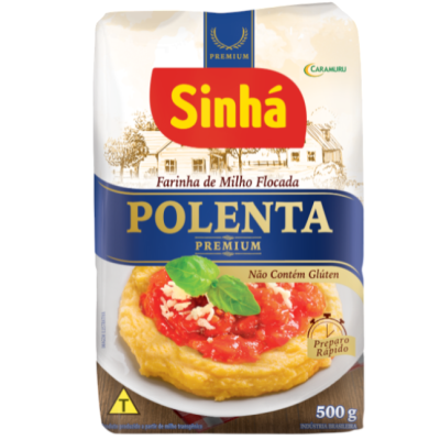 Pacote branco e azul de farinha de milho flocada Sinã Polenta Premium 500g