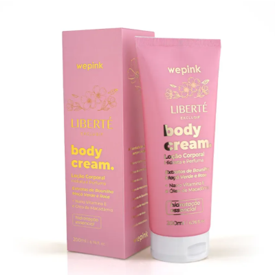 Loção corporal hidratante e perfumada em embalagem rosa com texto amarelo e dourado