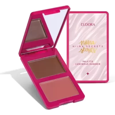 Paleta de maquilhagem rosa com espelho e duas cores marrons e rosadas