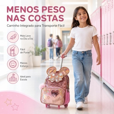Menina a puxar carrinho cor-de-rosa com brilhos e decorativo borboleta no corredor da escola