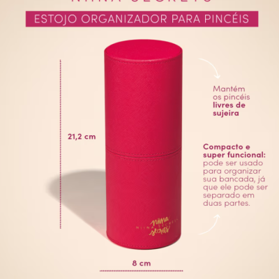Estojo organizador para pincéis vermelho cylindrical com textura sintética e logótipo dourado