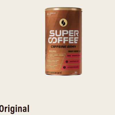 Lata de suplemento alimentar em pó Super Coffee Caffeine Army Original em fundo branco.