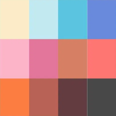 Paleta de doze cores sólidas organizadas em quadrados coloridos em três fileiras