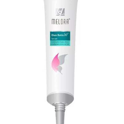 Frasco branco de sérum MELORA Duo Retix W para pele feminina com acne