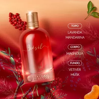 Frasco vermelho de perfume Brésil com tampa dourada e texto sobre notas de fragrância