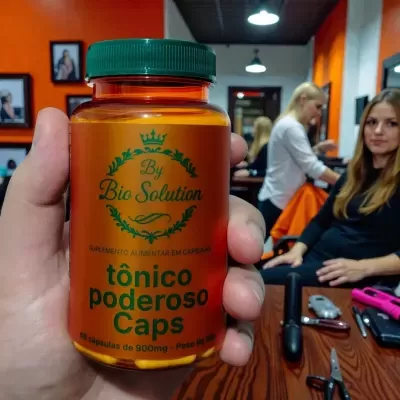frasco laranja de suplemento tônico poderoso caps com tampa verde na mão