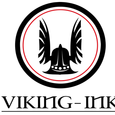 Logótipo com capacete viking estilizado e texto VIKING-INK