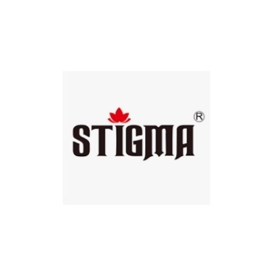 Logotipo da marca STIGMA com flor vermelha