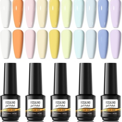 Frascos de verniz gel Rosalind e amostras de cores pastel brilhantes