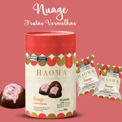 Embalagem e chocolates Nuage Frutas Vermelhas HAOMA Chocolates sobre fundo rosa