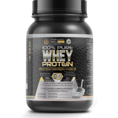 Frasco preto de suplemento Whey Protein com rótulo cinza e letras douradas