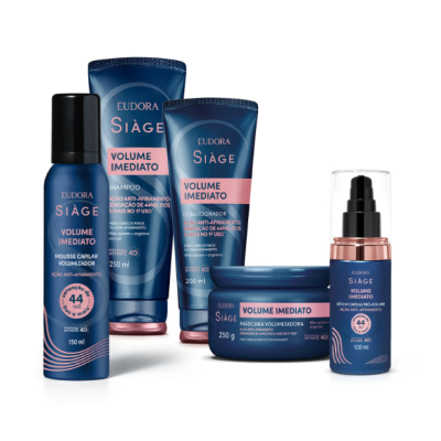 Produtos de cuidado capilar Eudora Siàge Volume Imediato de diversas embalagens azuis e detalhes cor de rosa.