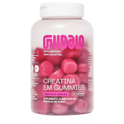 Frasco de creatina em gummies rosa em pote plástico transparente