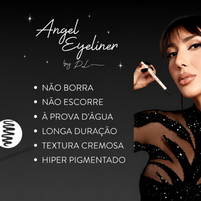 Lápis de olhos preto Angel Eyeliner by DL com modelo e texto sobre características do produto em fundo preto