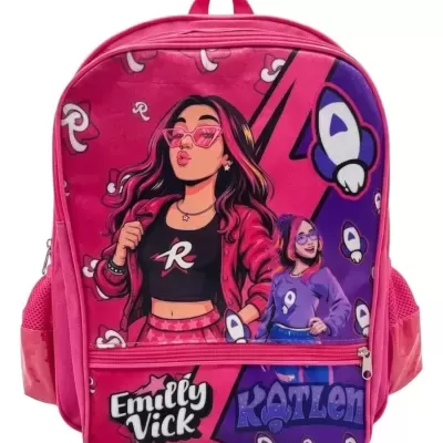 Mochila rosa com ilustrações e texto Emilly Vick e Katlen