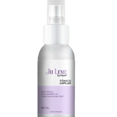 Frasco do tónico capilar Ju Leme com texto em roxo e lilás