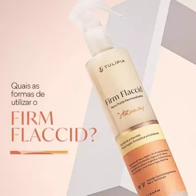 Frasco de produto cosmético Firm Flaccid da Tulipia com doseador branco sobre fundo claro