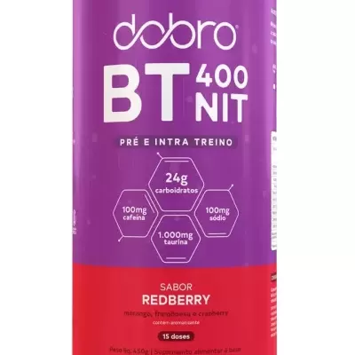 Embalagem de suplemento Dobro BT 400 NIT em roxo e vermelho com texto branco