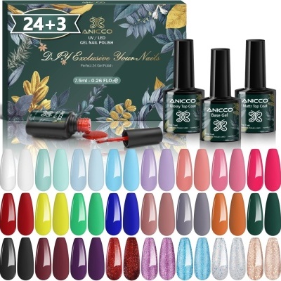 Conjunto de vernizes em gel ANICCO com 24 cores e 3 frascos adicionais numa caixa com padrão floral