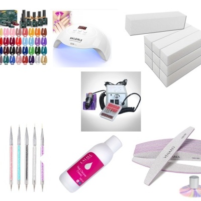 Kit completo para cuidados de unhas com vernizes, lâmpada UV, lixas, aparelho elétrico, ferramentas e acetona.