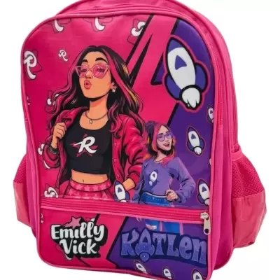 Mochila rosa com desenhos de duas raparigas cartoon e texto Emilly Vick e Katlen