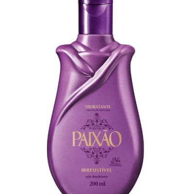 Frasco roxo de hidratante Paixão com tampa e texto dourado