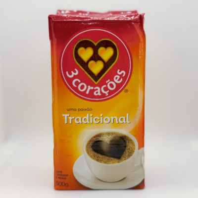 Pacote de café 3 corações Tradicional 500g com imagem de chávena de café e espuma em forma de coração