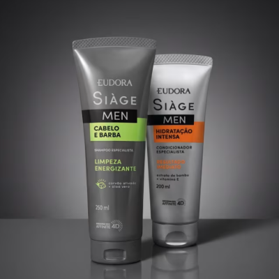 Produtos para cabelo e barba Eudora Siàge Men em bisnagas cinzenta e prateada