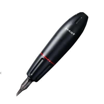 Caneta de tatuagem preta com detalhe vermelho e texto MAST