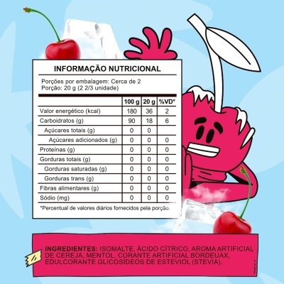 Embalagem com tabela nutricional, ingredientes e ilustração de personagem rosa e cerejas