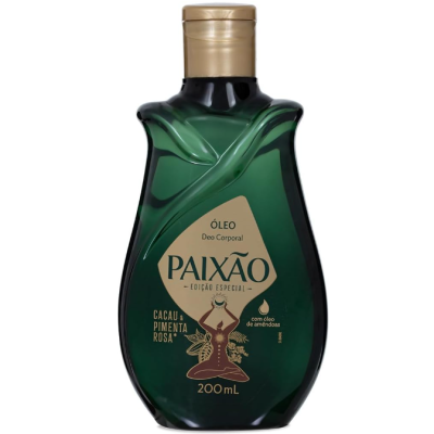 Frasco verde de óleo corporal Paixão com tampa dourada
