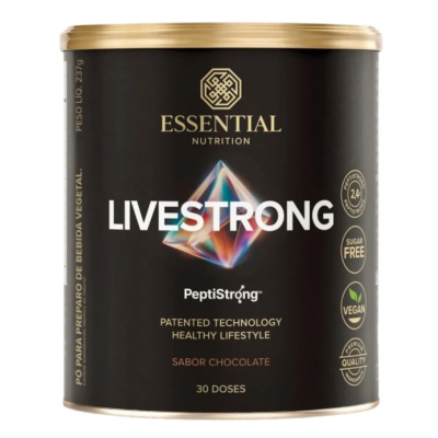 Lata de suplemento Livestrong da Essential Nutrition sabor chocolate.