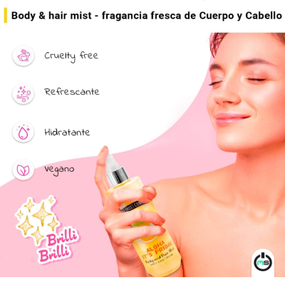 Imagem de body & hair mist Aloha It's Freshtonic com texto explicativo e modelo a usar o produto