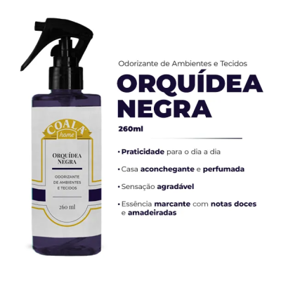 Frasco de odorante Orquídea Negra COALA home roxo com texto descritivo ao lado