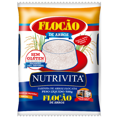 Pacote de farinha de arroz flocado azul, branco, amarelo e vermelho NUTRIVITA 500g