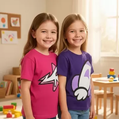 Duas meninas sorridentes vestem t-shirts coloridas com estampas, calças azuis, em sala de brincar com brinquedos e mesa ao fundo.