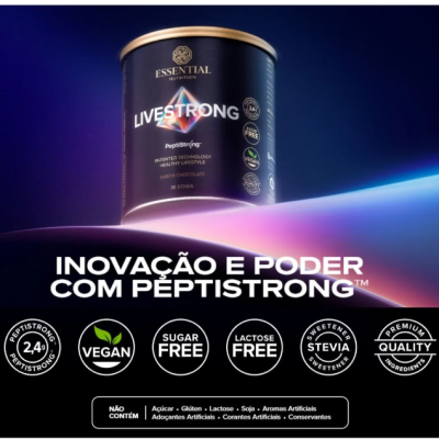 Suplemento em lata preta com ouro e texto Livestrong.