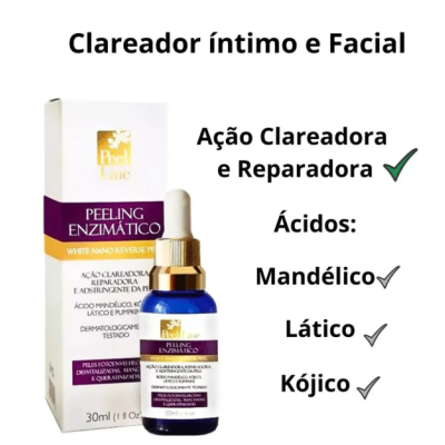 Frasco azul com conta-gotas e embalagem de Peeling Enzimático Peel Line, texto sobre ação clareadora e tipos de ácidos